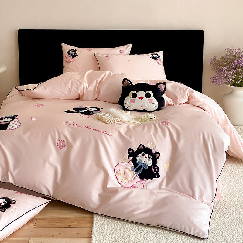 Bestickte Katzenbaumwolle-Satin Bettbezug Set mit Kopfkissenbezügen