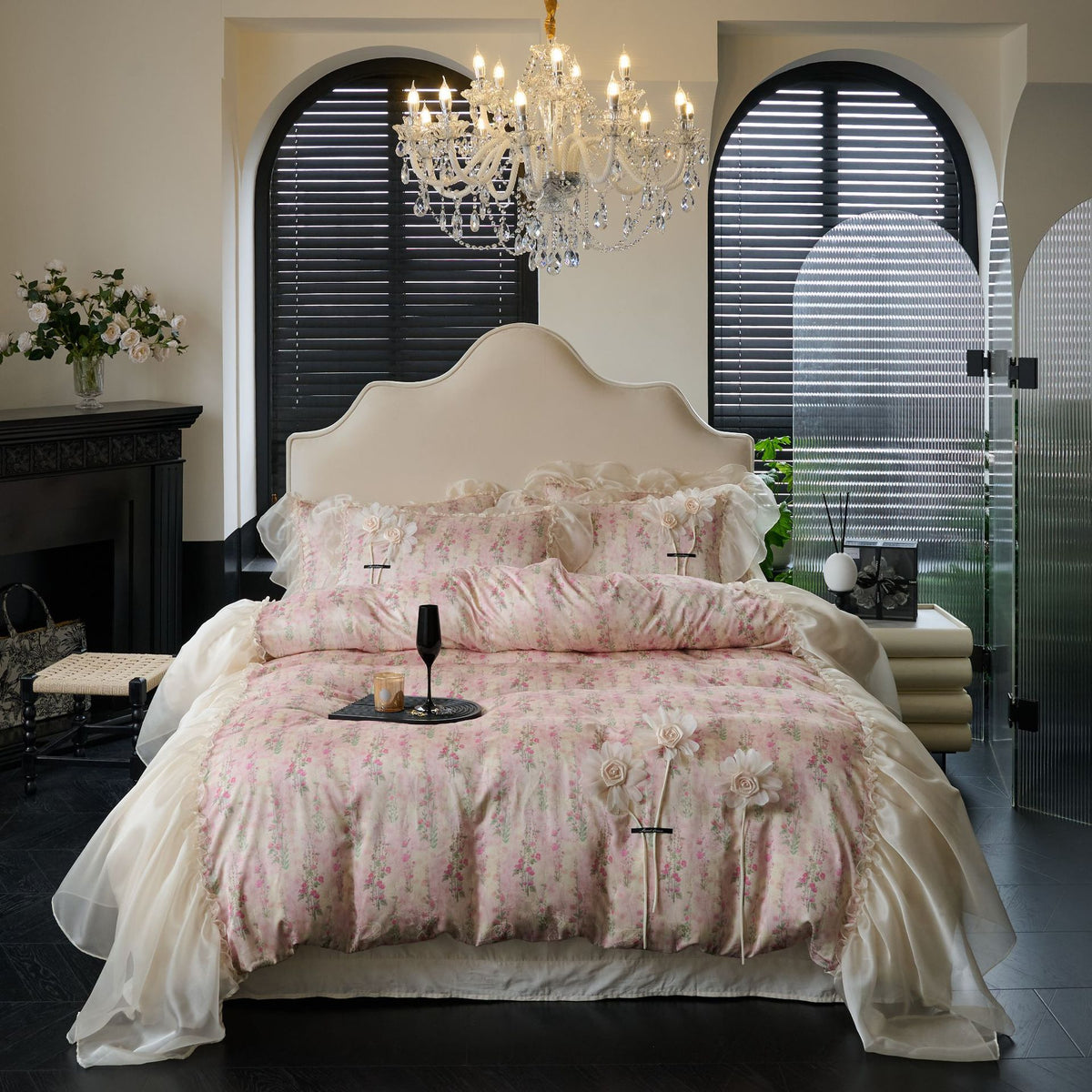 Rüschend Floral Chiffon-Besatz Bettbezug und Kissenbezug Set