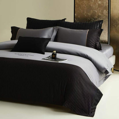 Luxuriöses Satin-Feel Wendebettbezug- und Kissenbezug-Ensemble mit Streifenbettdecke