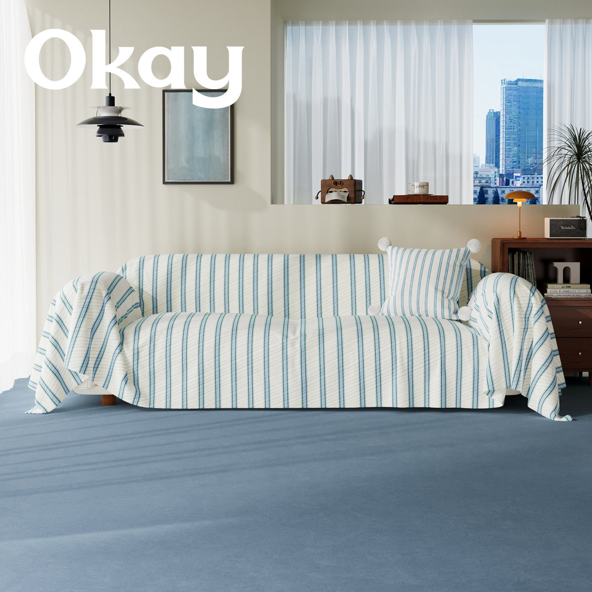 Striped Quilted Sofa Slipcover with Pom-Pom Accent Pillowcase