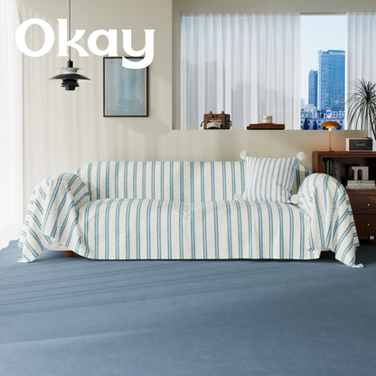 Striped Quilted Sofa Slipcover with Pom-Pom Accent Pillowcase