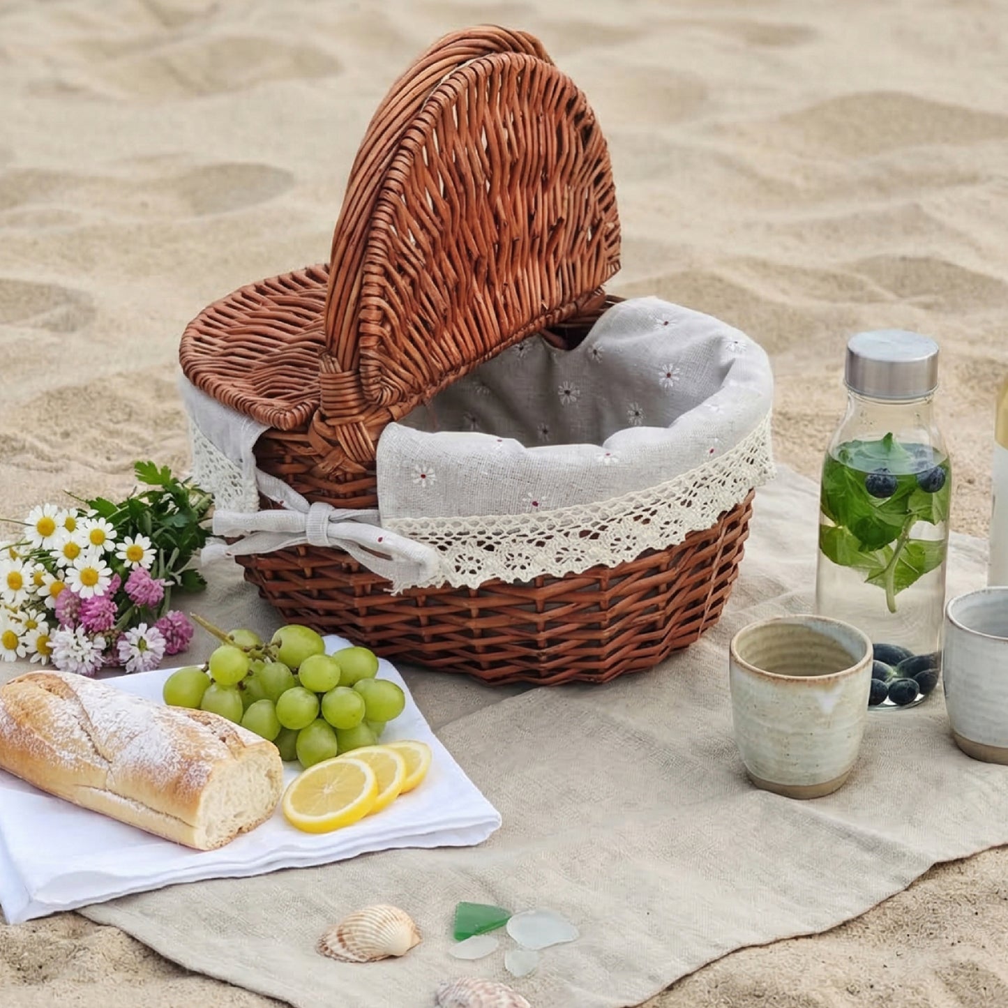 Damen Picknickkorb mit romantischem Karomuster und herausnehmbarem Futter Brehn