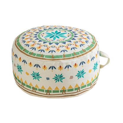 Rundes Sitzpouf mit gewebtem Baumwollbezug und ethnischem Mandala-Print Brehn