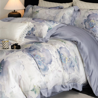 Luxus Aquarell Floral Gebürstet Mikrofaser Bettbezug Set mit Paspelbesatz