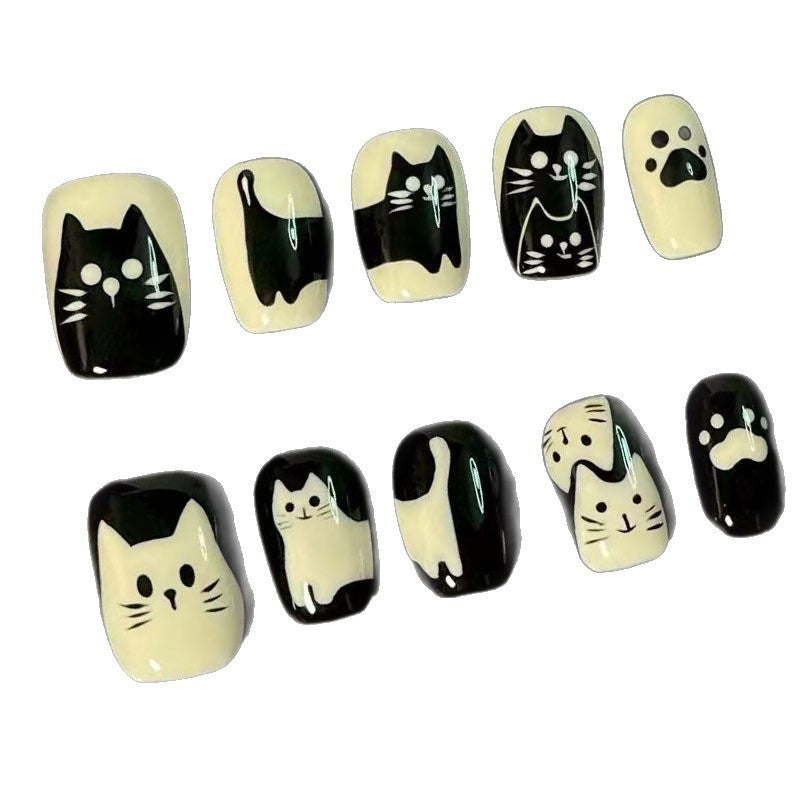Verspielt katzenmotivierte Press-On Nagelkunst Brehn