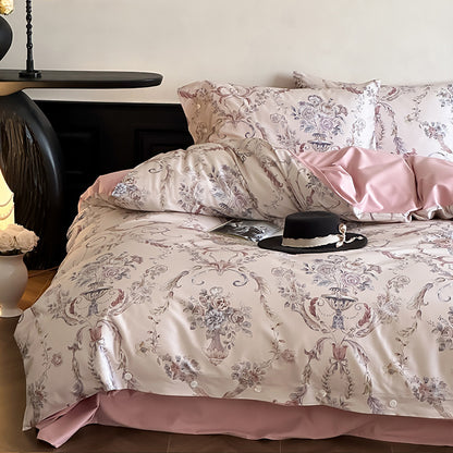 Luxuriöses Satin-Bettwäscheset mit zarten Rosenmotiven und Knopfleiste