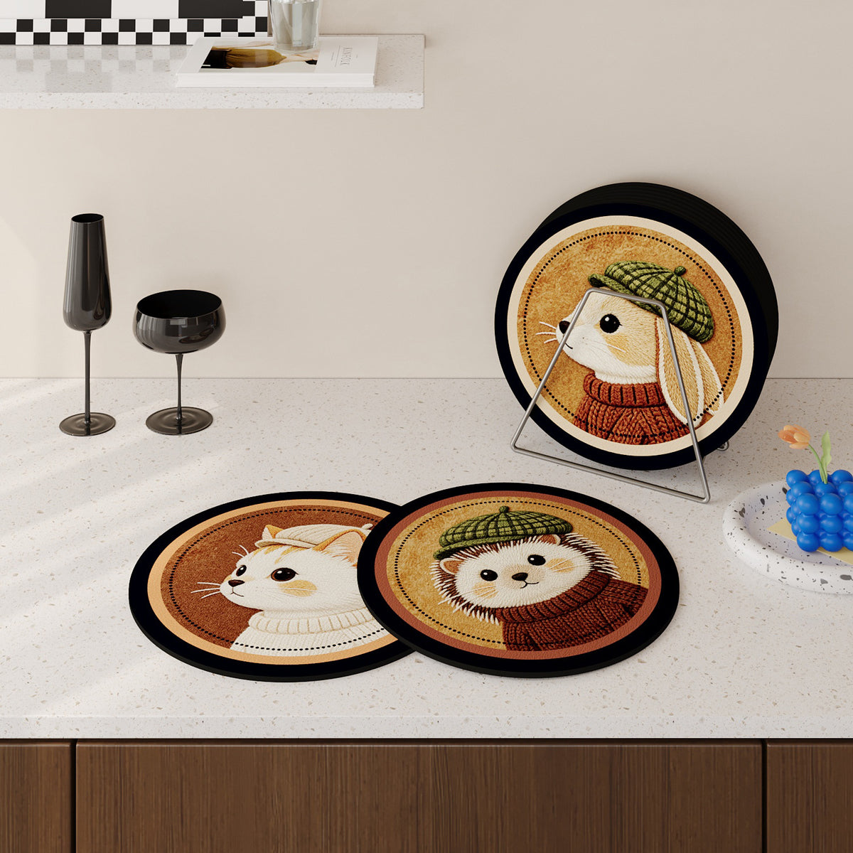 Round Embroidered Faux-Leather Drink Coaster Set with Non-Slip Backing