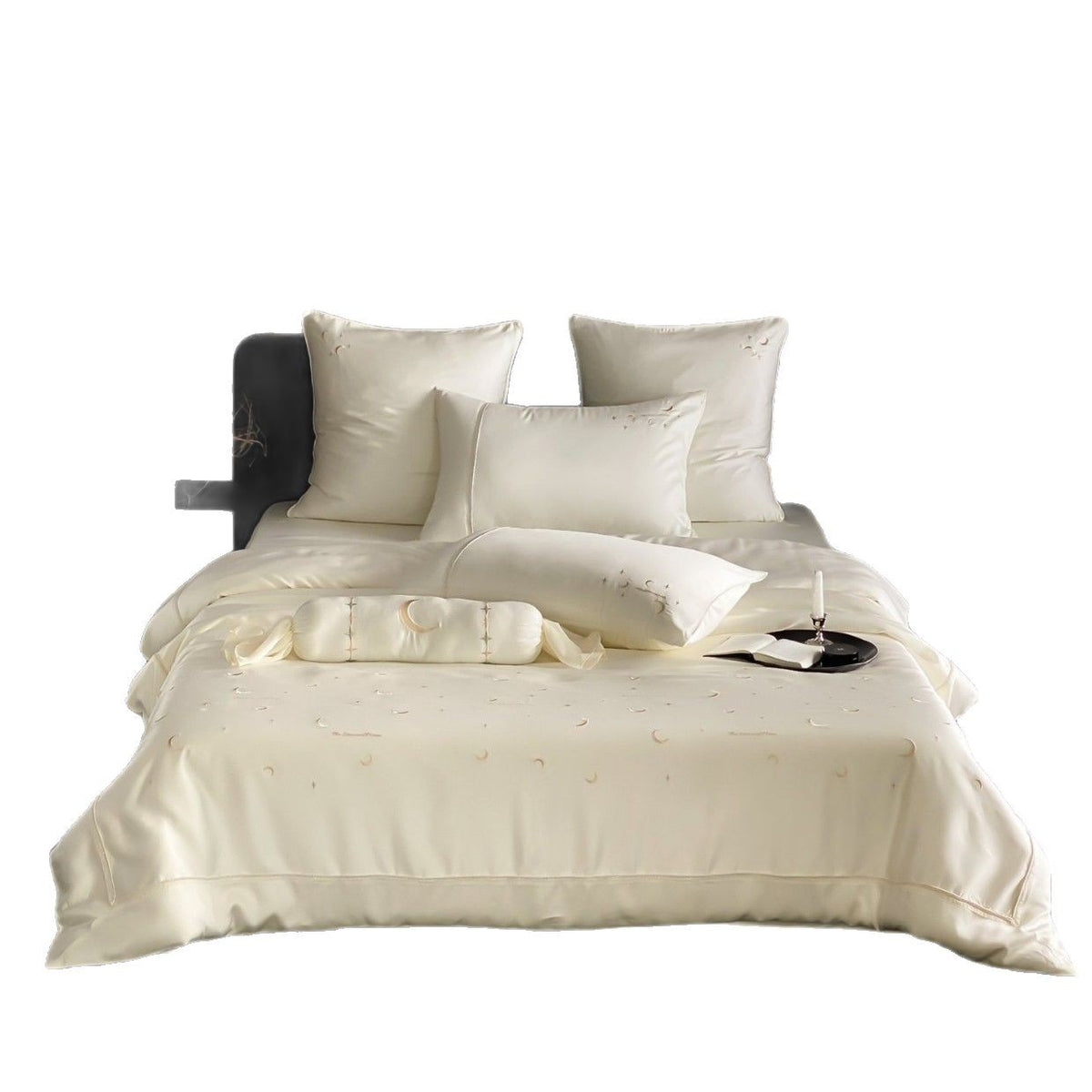 Luxuriöses Seidenglänzendes Mondphasen Besticktes Bettwäsche Set mit Bolster und Kissenbezügen