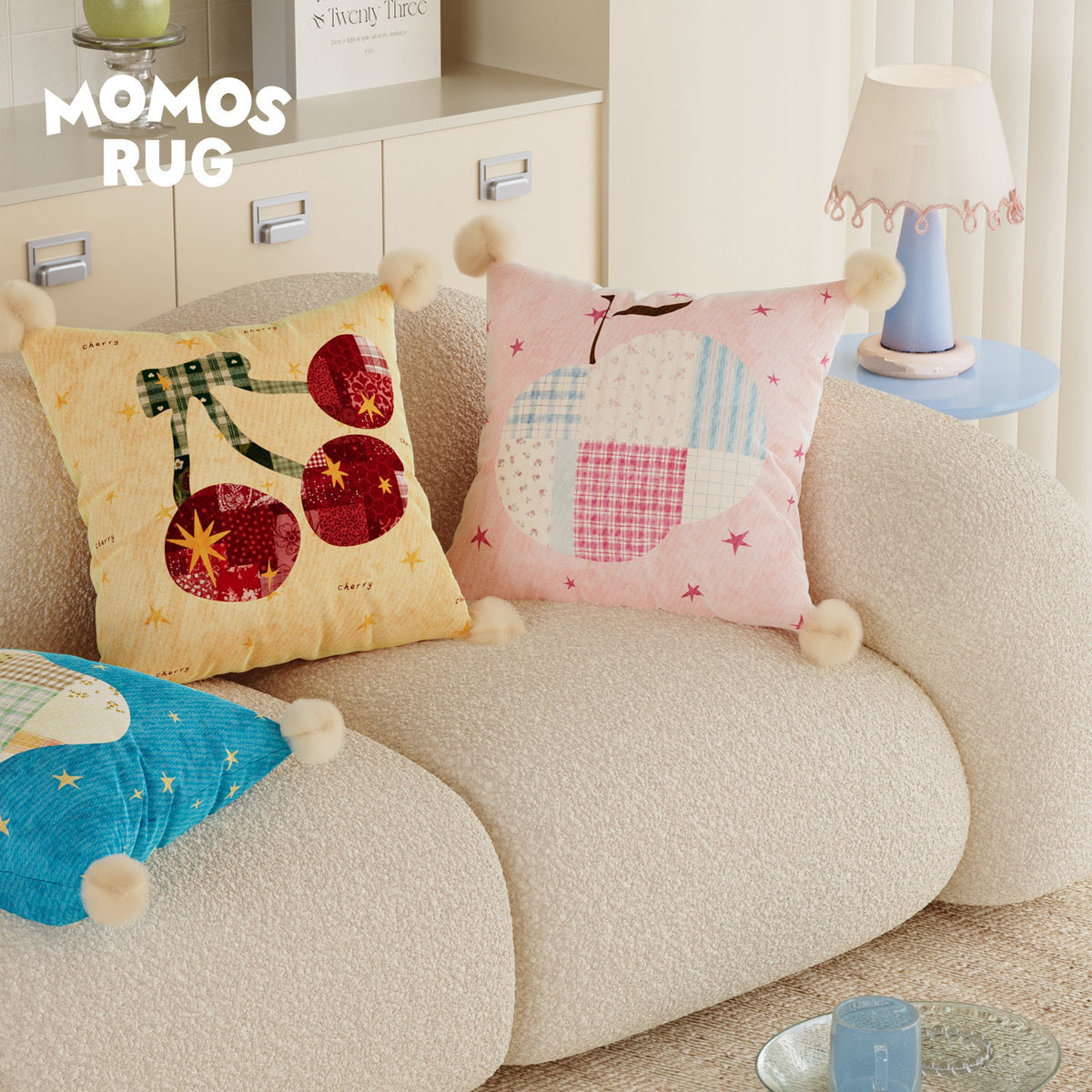 Patchwork Pear Appliqué Decorative Throw Pillow with Pom-Pom Corners