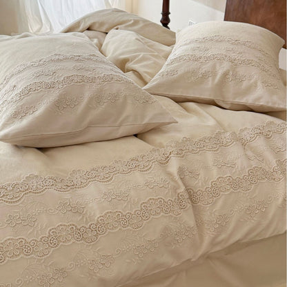 Wendbares Jacquard Blumen Baumwoll Bettbezug Set mit gewelltem Spitze Bordüre und Umschlagkissenbezügen