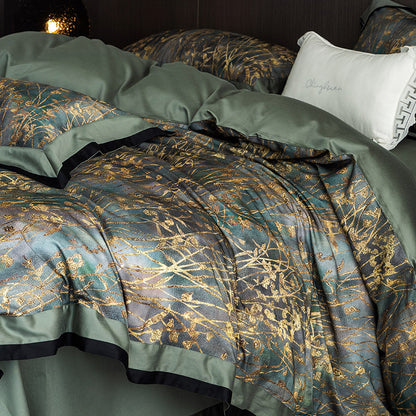 Luxuriöse Bettwäsche-Garnitur aus Baumwollsatin mit filigranem Gräser-Print und satiniertem Saum