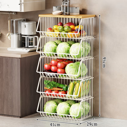 Multi-Ebenen Rollen Kücheneinkaufswagen für Obst und Gemüse mit Holzoberfläche