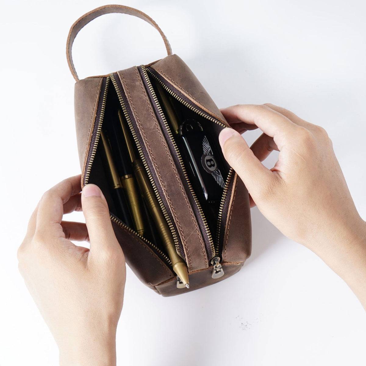 Doppelt-Zipper Leder Stiftetui
