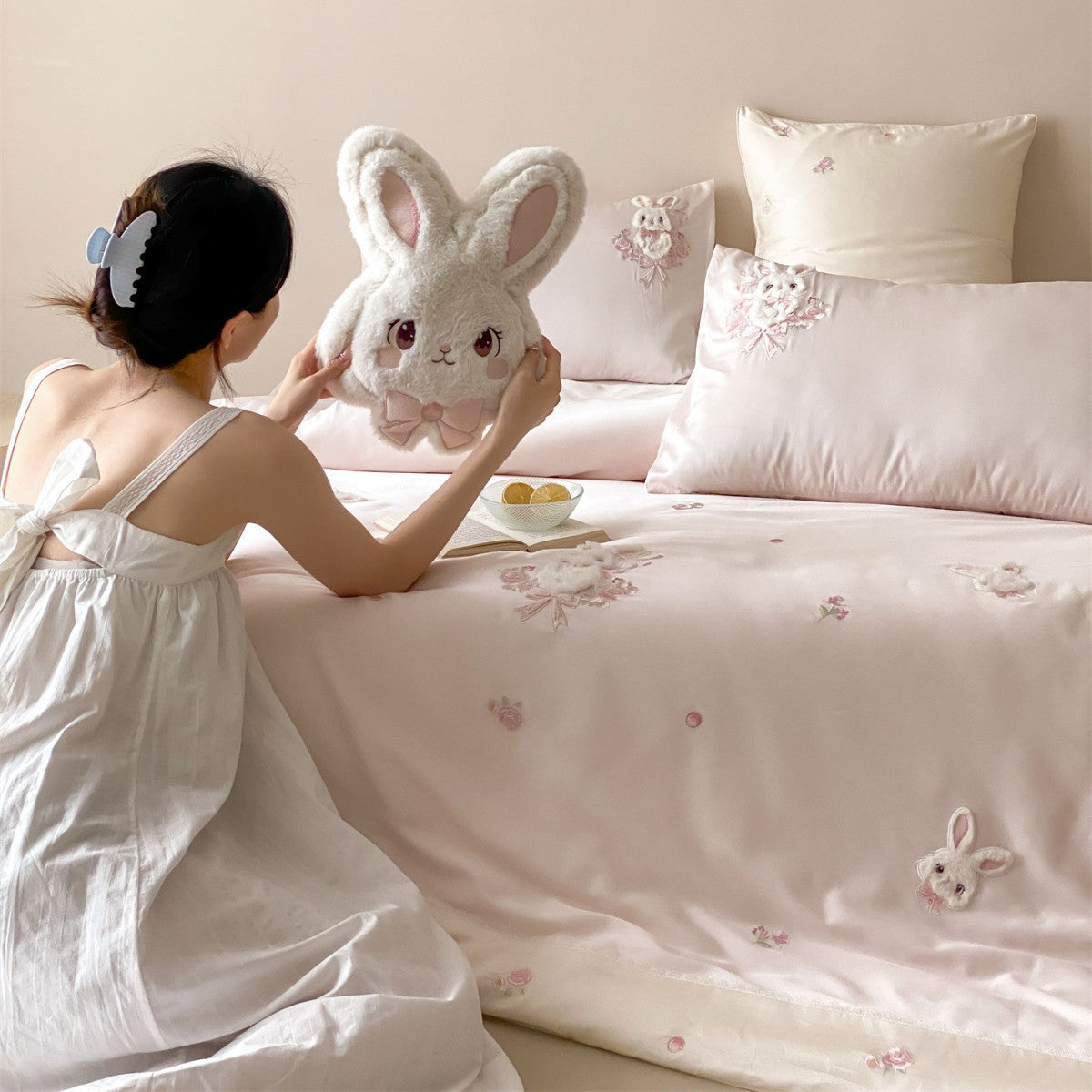 Bestickte Satin Floral Bunny Bettwäsche Bezug Set
