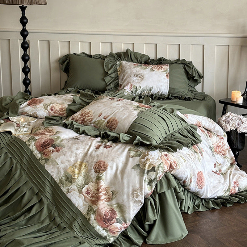 Luxuriöses Bettwäsche-Set aus Baumwollsatin mit Rüschen und Vintage-Rosenmuster