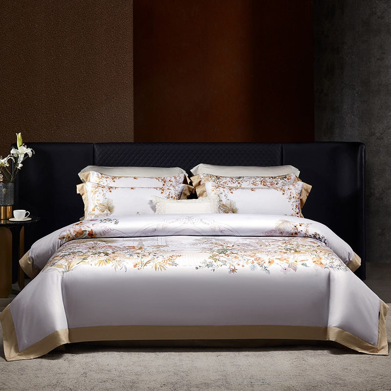 Luxe Satin-Feel Floral Mittel-Panel Bettbezug Set mit Gerolltem Bolster & Euro Kissenbezügen