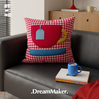 Decorative Gingham Appliqué Coffee Cup Throw Pillow Cover