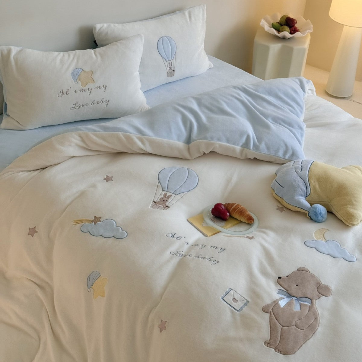 Kinder-Bettwäsche-Set aus Baumwolle mit applizierten Heißluftballon- und Teddybär-Motiven Brehn