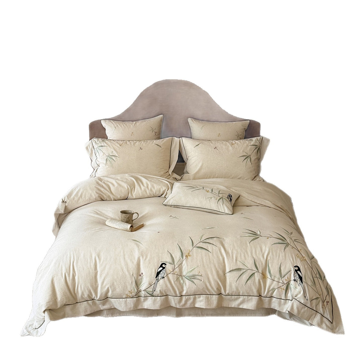 Naturlinen Bestickte Botanische Bettbezug Set mit Handgezeichnetem Vogelmotiv