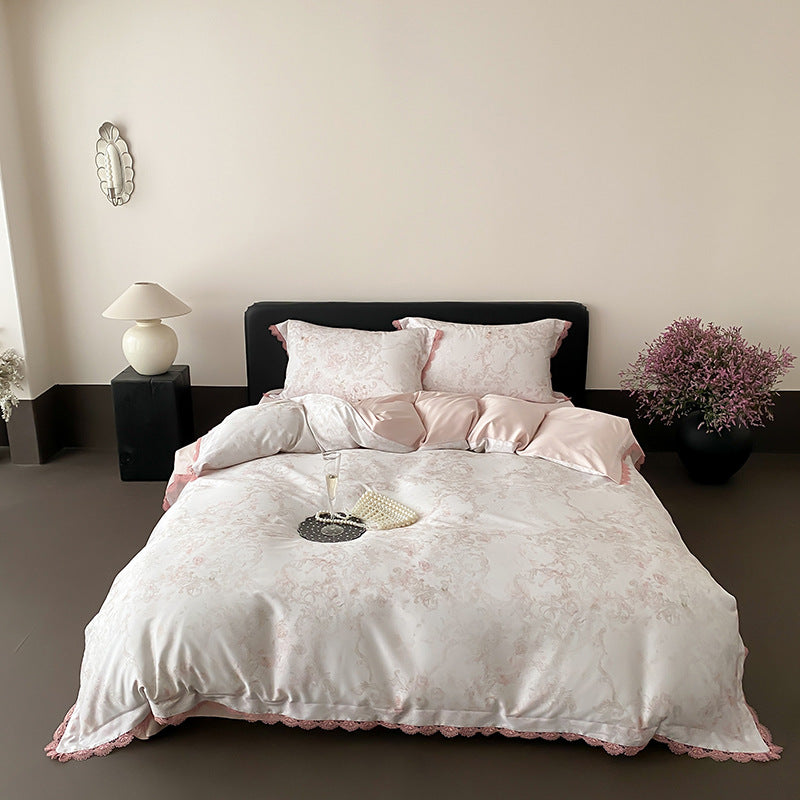 Bettwäsche-Set aus Satin mit Schmetterlingsmuster und Spitzenrand