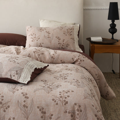 Florales Jacquard Bettbezug-Set mit Häkelspitzenbesatz