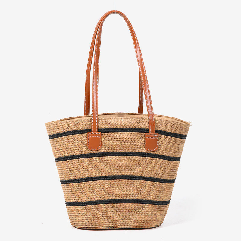 Damen elegante Strohtasche mit stilvollen Ledergriffen Brehn