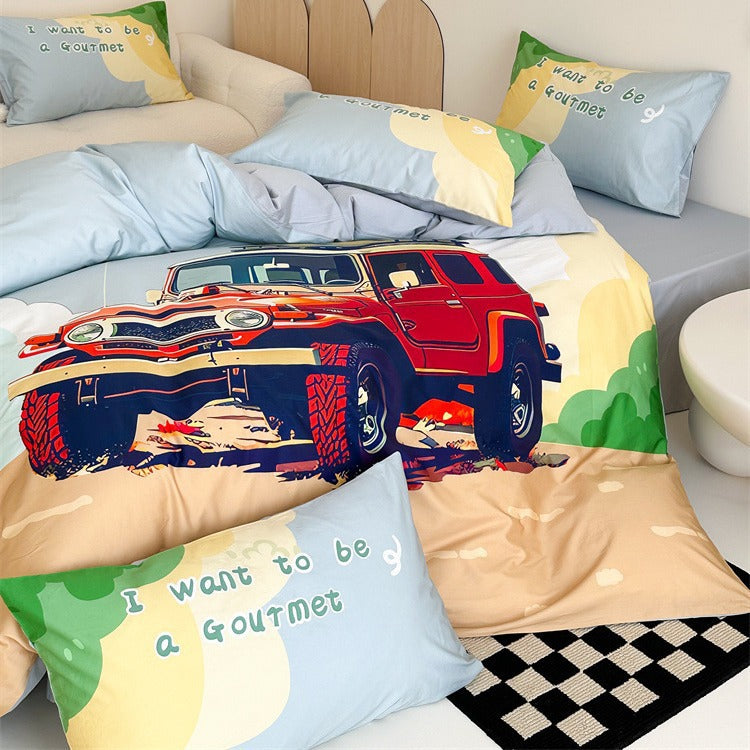 Kinder-Bettwäschegarnitur mit Offroad-Jeep Abenteuerillustration und weichem Baumwollmix