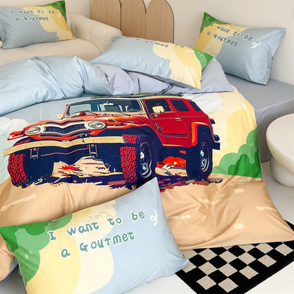 Kinder-Bettwäschegarnitur mit Offroad-Jeep Abenteuerillustration und weichem Baumwollmix