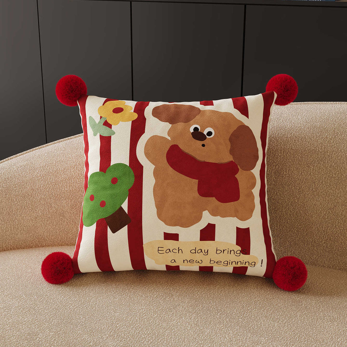 Decorative Square Throw Pillow Cover with Pom-Pom Corners and Cartoon Dog Illustration
