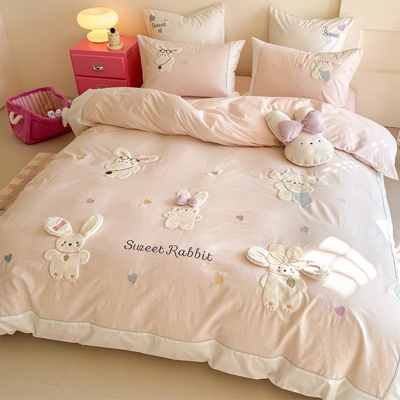 Baumwolle Percale Hase Applikation Bettbezug Set mit Plüsch Akzentkissen