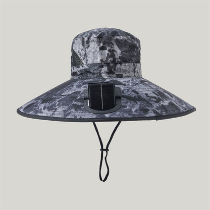 Breite-Krempe Outdoor Sonnenhut mit solarbetriebenem Mikroventilator, atmungsaktivem Mesh und verstellbarem Kinnriemen Brehn