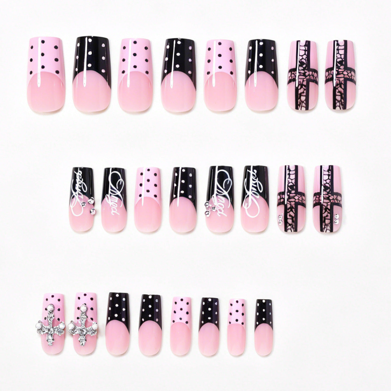 Künstlerisches Lang-Press-On-Nageldesign-Set mit Kreuzakzenten Brehn
