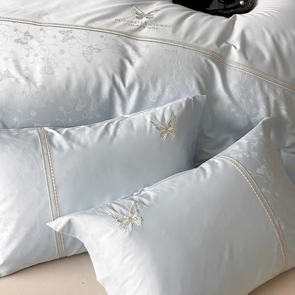 Luxuriöses Baumwollsatin gesticktes Bettbezug-Set mit Hemstichdetails und Kissenbezügen