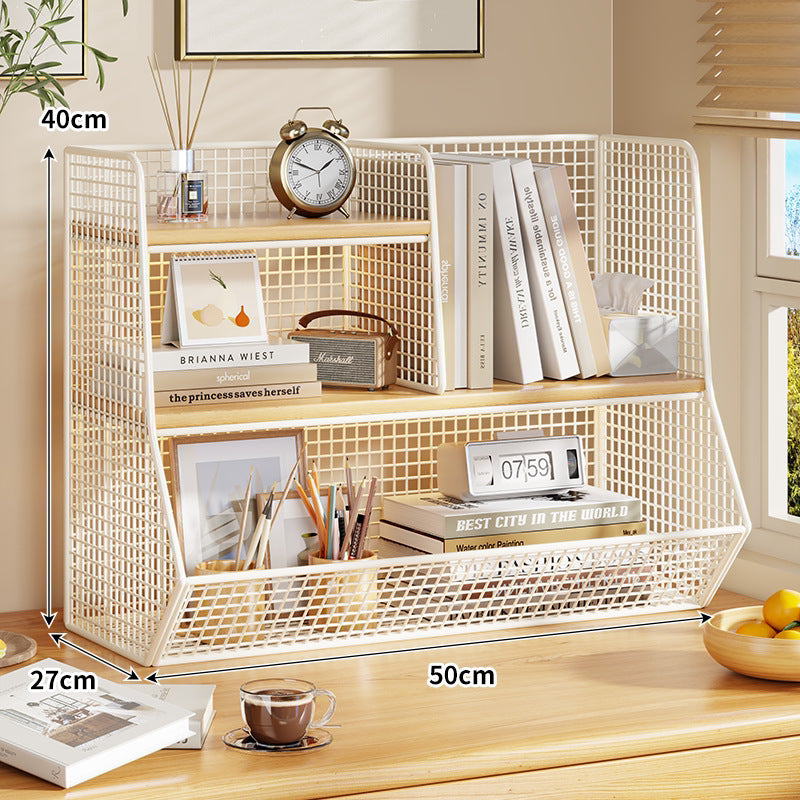 Doppel-Tier-Mesh-Metall-Schreibtisch-Organizer mit Holzregalen
