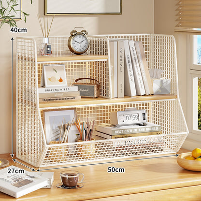 Doppel-Tier-Mesh-Metall-Schreibtisch-Organizer mit Holzregalen