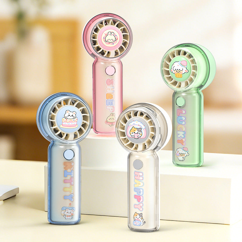 Kühlender tragbarer wiederaufladbarer Handheld-Mini-Ventilator mit Cartoon-Katzenkunstwerk und transparentem ergonomischen Gehäuse Brehn