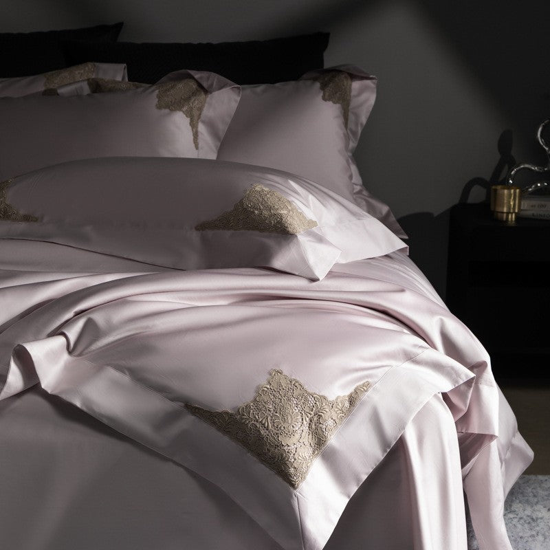 Luxus Sateen Bettbezug Set mit gestickten Eckenmotiven