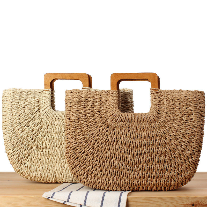 Handgefertigte Strohtasche mit Holzgriff Brehn