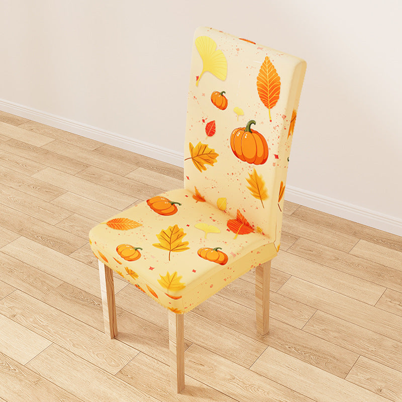 Stretch-Stuhlhusse mit herbstlichem Kürbis- und Blättermotiv