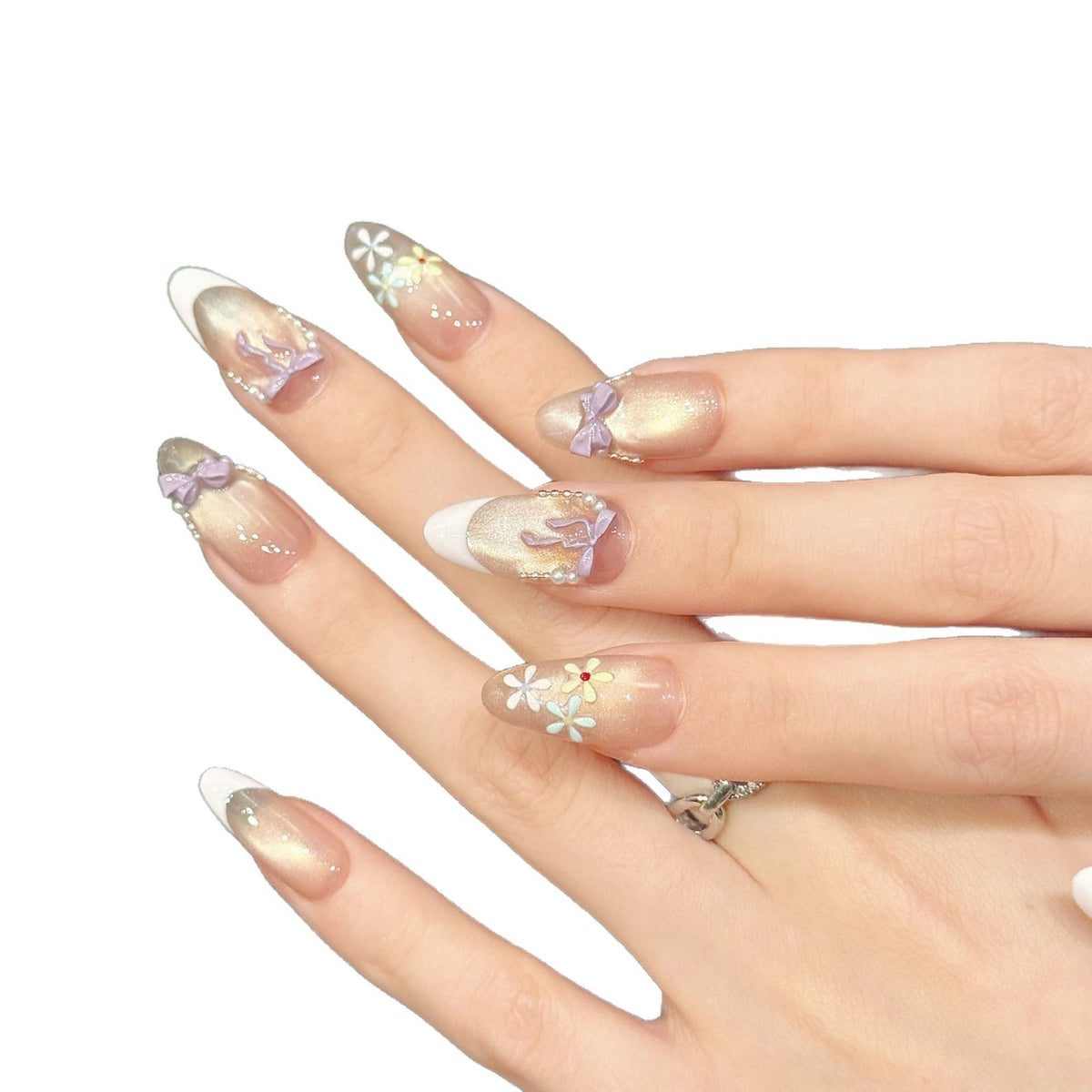 Dekoratives Press-On Nagelkunst-Set mit Blumen und Bändern