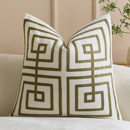 Geometrisch bestickter Baumwoll-Leinen Quadrat Sofakissenbezug mit erhöhtem Chenille Labyrinth Applikation