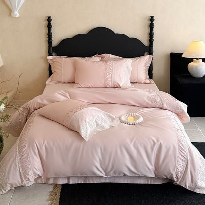 Satin-Mischgewebe Rüschendekor und Spitze Bestickte Bettwäsche Ensemble