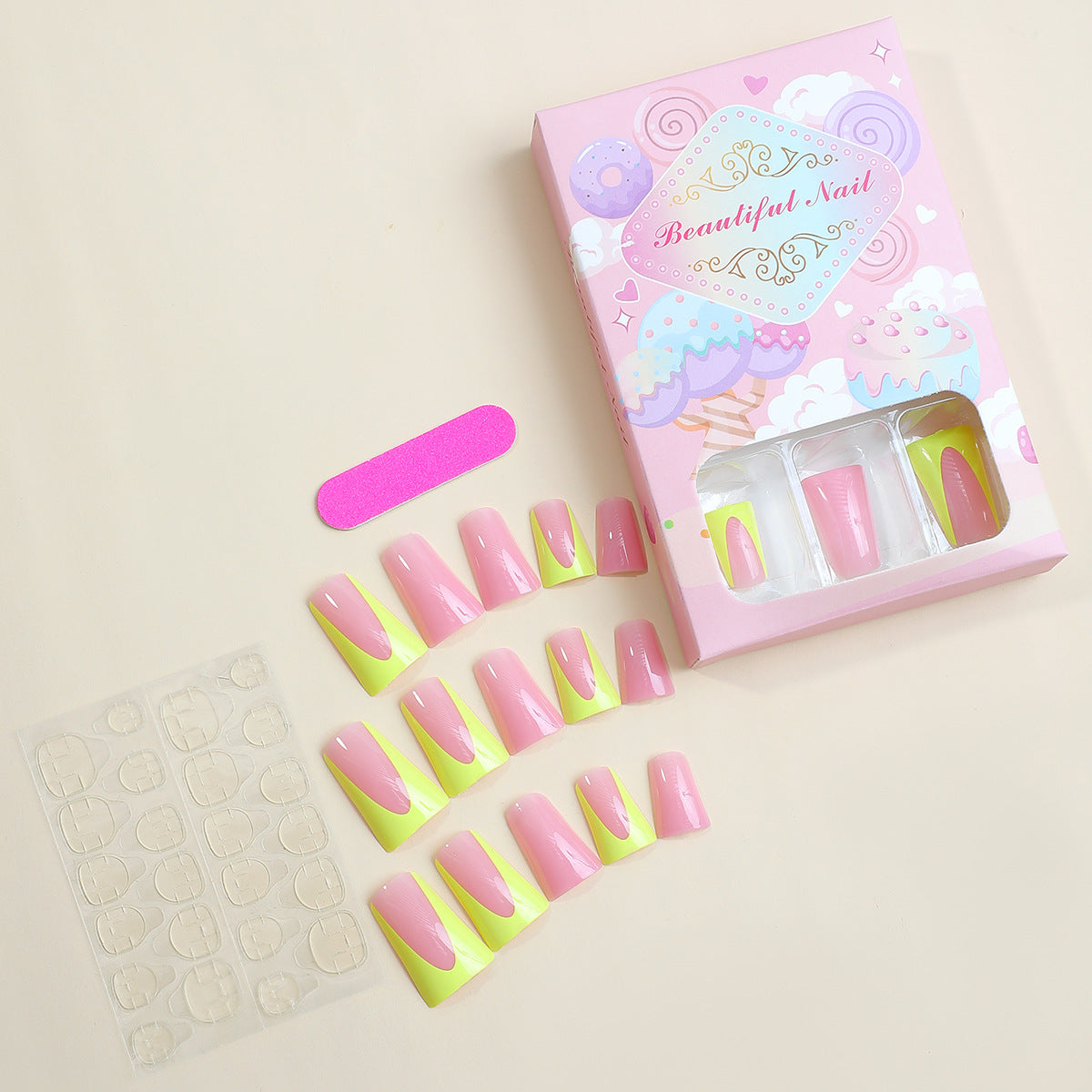 Dekoratives Press-On Nagelkunst-Kit mit lebhaften Farbblockdesigns Brehn