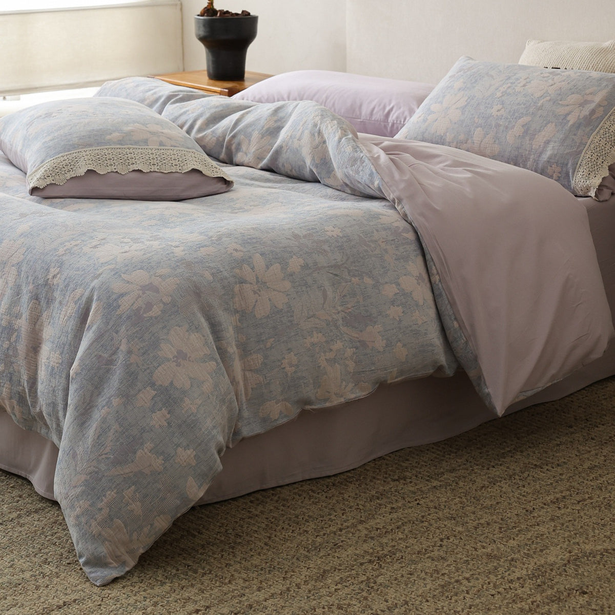 Florales Jacquard Bettbezug-Set mit Häkelspitzenbesatz
