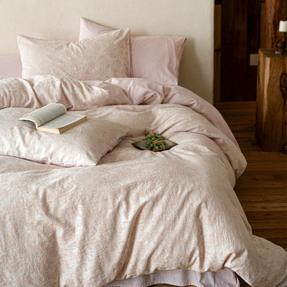 Duvetbezug-Garnitur aus Baumwoll‑Renforcé mit feinem Toile‑Blumenmuster und extraweichem Jersey‑Spannbettlaken