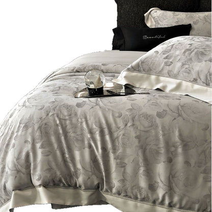 Botanisches Jacquard-Mikrosatin-Bettbezug-Set mit Satinrand-Hemstich und wendbaren Kissenbezügen