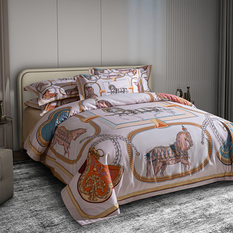 Bedrucktes Reiter-Cotton-Satin-Bettbezug-Set mit blauen Kissenbezügen