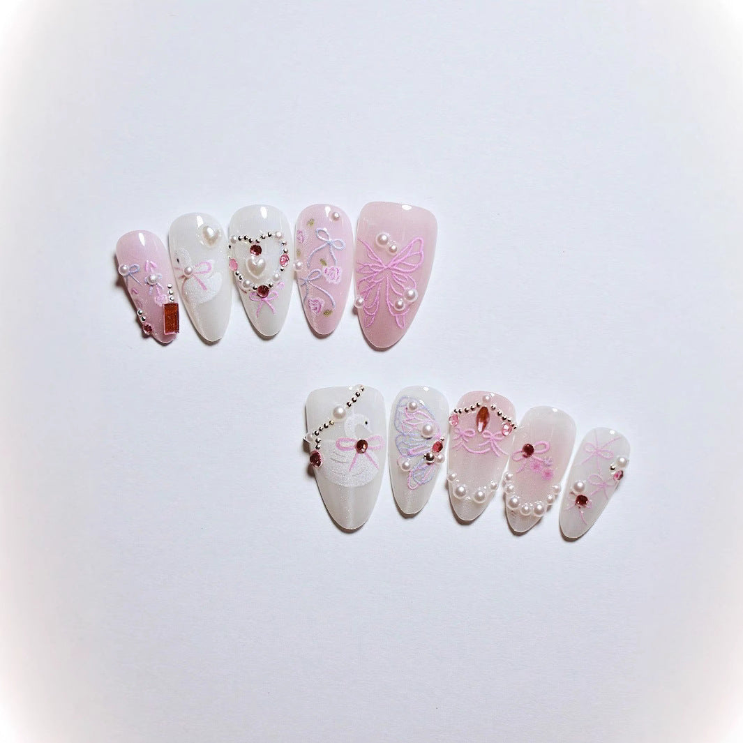 Dekorative 3D Schleife und Perle Press-On Nagelkunst Brehn
