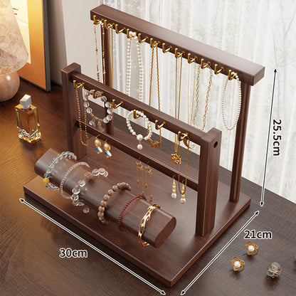 Holz-Dual-Tier-Schmuck-Organizer-Ständer mit Halskettenhaken und Armband-Präsentationsstange