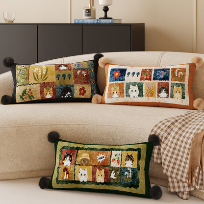 Decorative Rectangular Throw Pillow with Pom-Pom Corners and Patchwork Cat Illustration